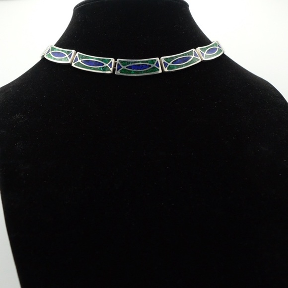 Vintage .925 Sterling Silver Choker Inlay necklace Lazuli Lapis & Malachite 90s - Picture 7 of 16